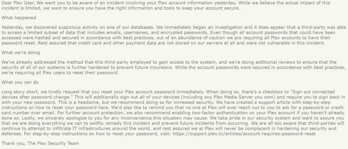 Plex informiert seine User über einen Sicherheitsvorfall