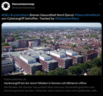Hackerangriff auf die Kliniken der Bremer Gesundheit Nord (Geno) vermutet