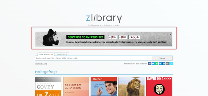 Z-Library warnt seine Nutzer vor Betrug