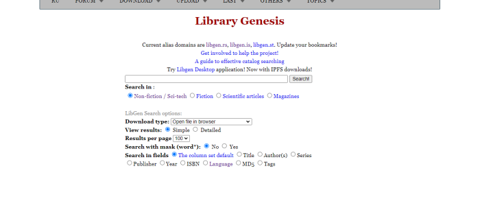 Die Homepage von Library Genesis