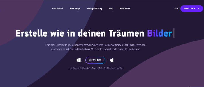 Die Webseite von EditProAI lockt mit vielen Versprechungen