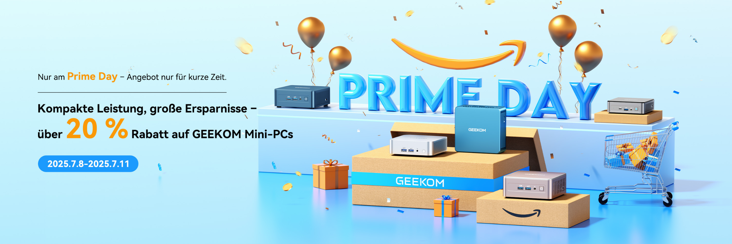 Werbegrafik zum Prime Day 2025 mit GEEKOM Mini-PCs und 20 % Rabatt vom 8. bis 11. Juli 2025.