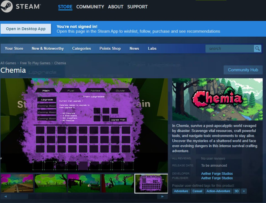 Dies war die Steam-Seite des Spiels „Chemia“, ein kostenloses Indie-Survivalspiel mit postapokalyptischem Setting. In der Mitte ist ein lila eingefärbtes Upgrade-Menü zu sehen. Rechts daneben befindet sich der Beschreibungstext zum Spiel. Das Spiel wurde entfernt, da es versteckte Malware enthielt.