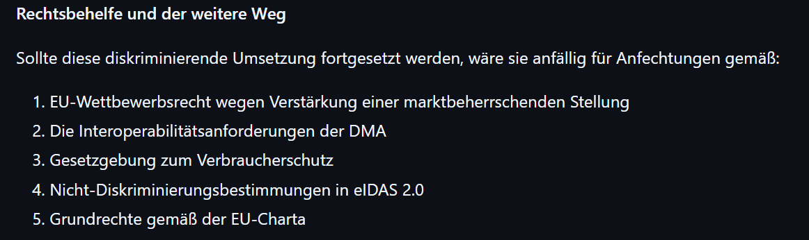 Liste rechtlicher Einwände gegen die EU Age Verification App: Marktbeherrschung, DMA, Verbraucherschutz, eIDAS 2.0, EU-Grundrechte.