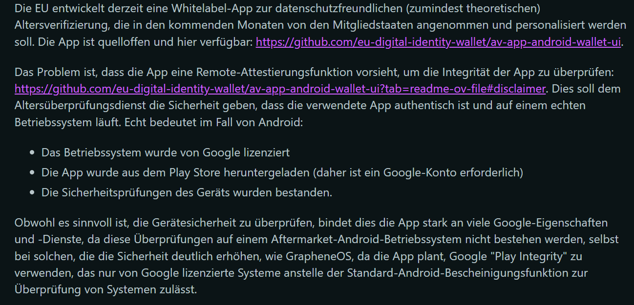 Der Textauszug erläutert die Nebenwirkungen der EU Age Verification App: Die Verpflichtung zu Google-Diensten schließt Nutzer von alternativen Android-Systemen wie Custom-ROMs aus.