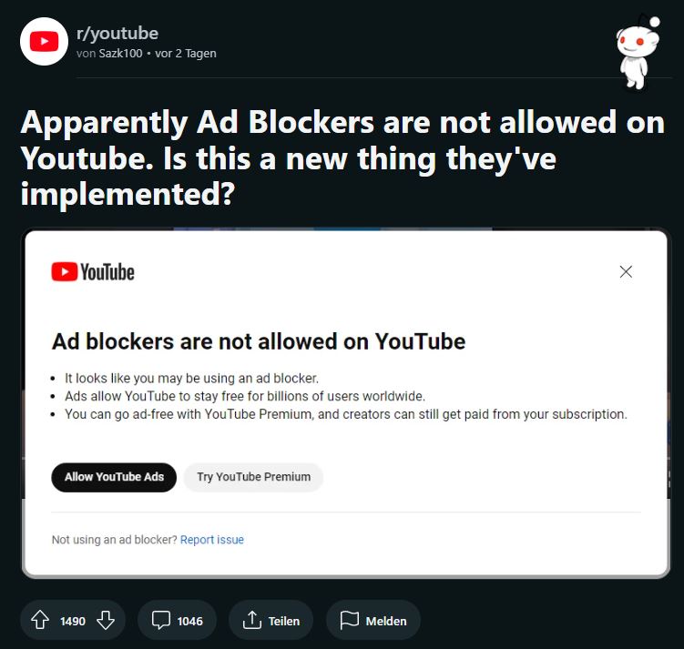 Popup gegen Werbeblocker auf YouTube