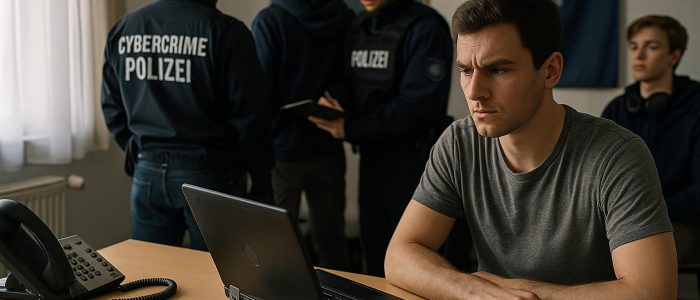 Symbolfoto zur Cybercrime-Ermittlung gegen Jugendliche: Zwei Polizisten in Uniform führen eine Hausdurchsuchung durch, während ein junger Mann an einem Tisch mit geöffnetem Laptop und sichergestellten Geräten sitzt. Das Foto dient als Symbolbild für Cybercrime-Ermittlungen gegen Jugendliche.
