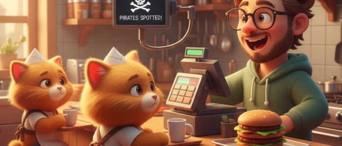Gemütliche Indie-Spielküche mit Entwicklerfigur und subtilen Piraten-Symbolen als Hinweis auf den Anti-Piraterie-Gag von Burgie’s Cozy Kitchen.