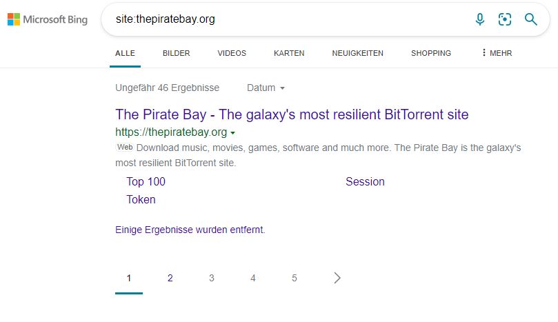 Suchanfrage nach der Piratenseite "The Pirate Bay" bei Bing