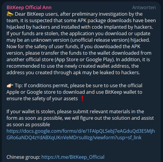 Post in BitKeep's Telegram group