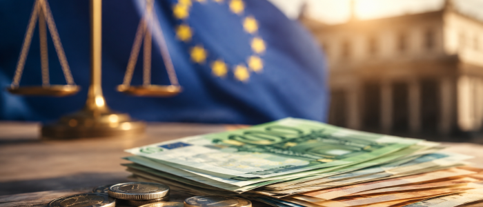 Euro-Banknoten vor EU-Flagge und Waage symbolisieren die Bargeldobergrenze 2027