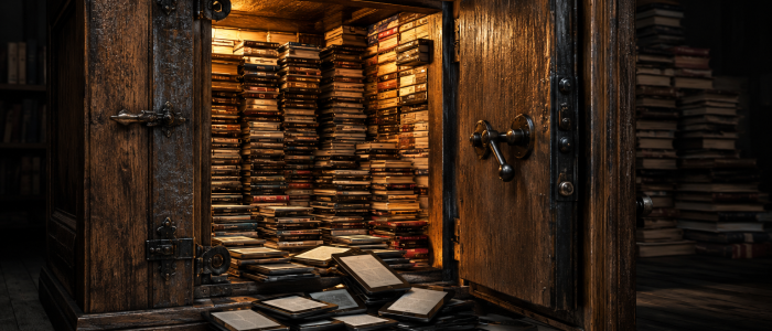 Geöffneter Tresor mit tausenden Büchern und E-Readern als Symbolbild für eine digitale Schattenbibliothek und den Handel mit illegalen E-Books.