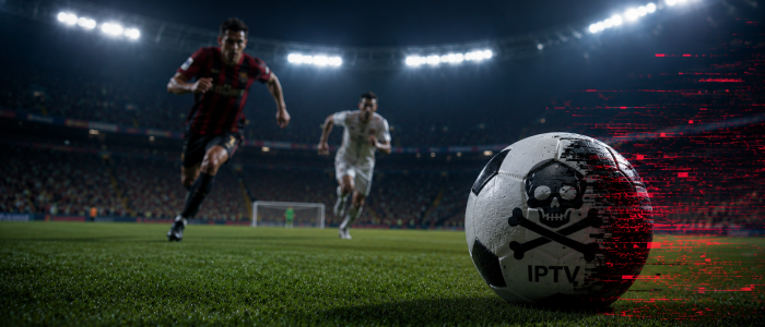 Fußball im Stadion während der FIFA-Weltmeisterschaft 2026 mit einem symbolischen IPTV-Ball und digitalen Störeffekten als Darstellung von IPTV-Piraterie und illegalem Streaming.