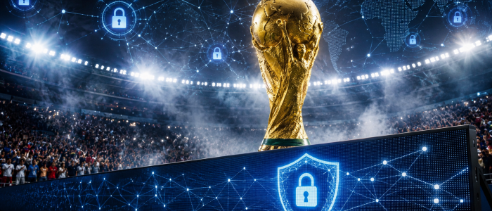 Symbolbild zur FIFA-Partnerschaft mit einem VPN-Anbieter: Fußballstadion, WM-Pokal und Cybersecurity-Elemente.