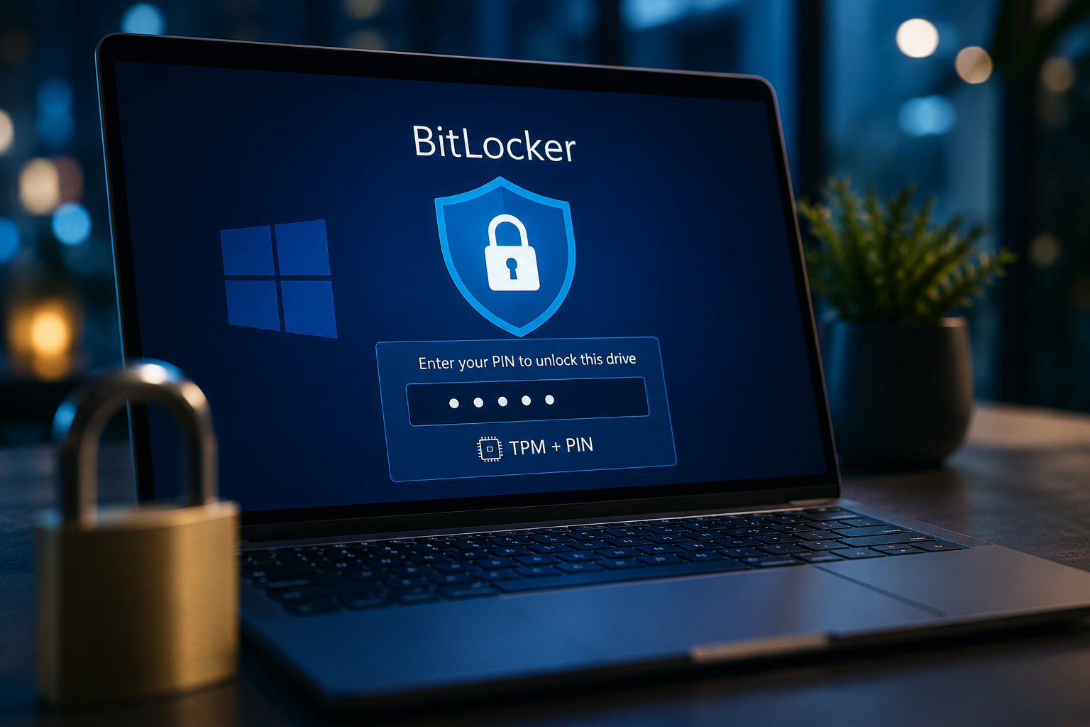 Laptop mit BitLocker-Anmeldung, TPM-plus-PIN-Abfrage und Vorhängeschloss als Symbolbild für Sicherheitsrisiken rund um BitLocker, Secure Boot und TPM unter Windows 11.