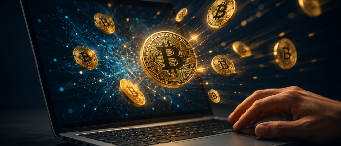 Laptop mit fliegenden Bitcoin-Symbolen und einer Hand auf der Tastatur als Symbolbild für KI-gestützte Wallet-Recovery und verlorene Kryptowährungen.
