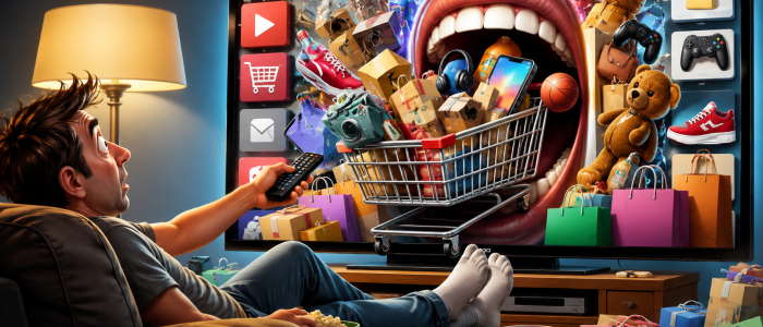 Karikatur eines Smart-TVs mit überquellendem Einkaufswagen, Werbung und Produkten, während ein Zuschauer per Fernbedienung auf YouTube einkauft.