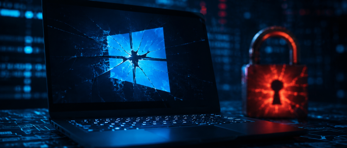 Symbolbild eines Windows-Laptops mit beschädigtem Windows-Logo und leuchtendem roten Vorhängeschloss als Darstellung eines Windows-Zero-Days, SYSTEM-Rechten und möglicher Schwächen in Microsofts Sicherheitsupdates.