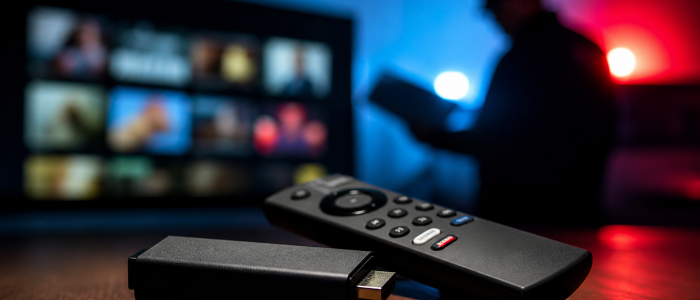 Streaming-Stick und Fernbedienung vor Fernseher, im Hintergrund unscharfe Polizeifigur mit Lichtsignal, Symbolbild für Ermittlungen gegen illegales Streaming in Großbritannien