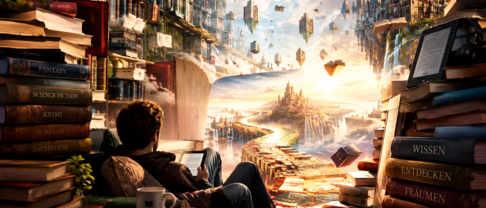 E-Books: Fantasievolle digitale Bibliothek mit unzähligen Büchern und einem Leser am E-Reader