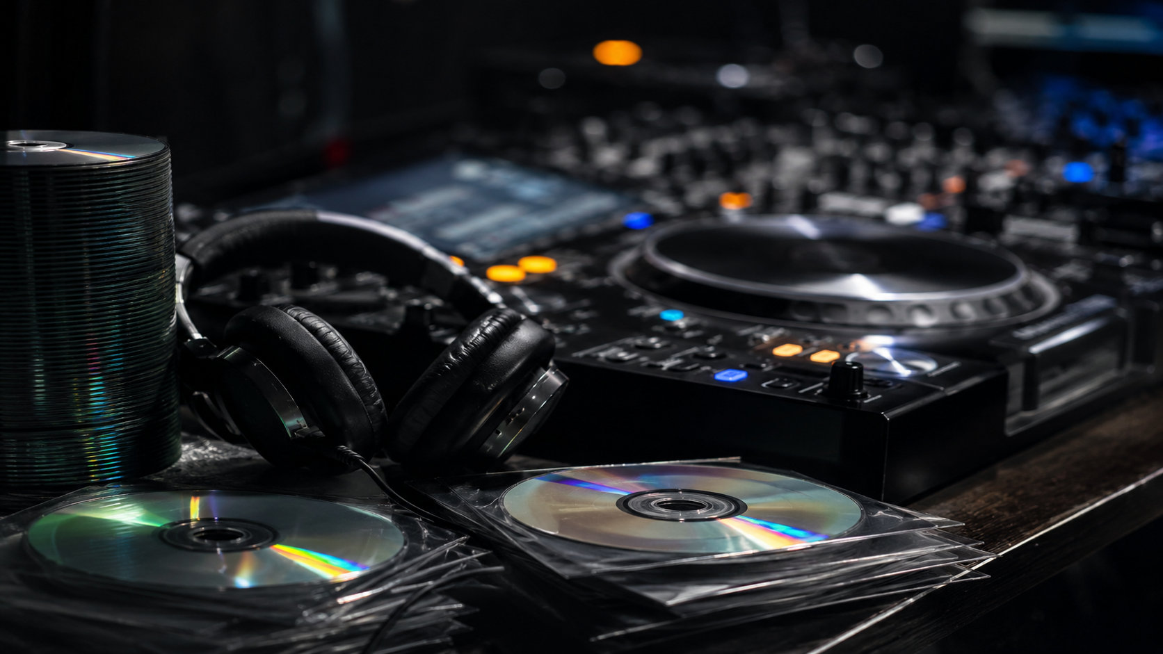 DJ-Equipment mit gebrannten CDs als Symbolbild für illegale CD-Remixe und Musikpiraterie