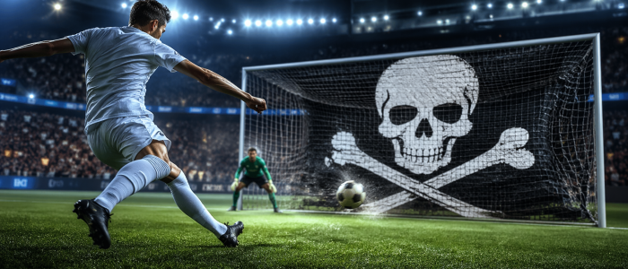 IPTV-Piraterie Rekordstrafe: Fußball fliegt ins Tornetz mit Piraten-Totenkopf als Symbol für illegales Streaming