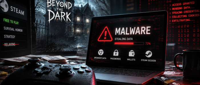 Cybercrime-Symbolbild zu Beyond The Dark mit Malware-Warnung, Steam-Bezug und mutmaßlichem Datendiebstahl über ein manipuliertes Horror-Spiel.
