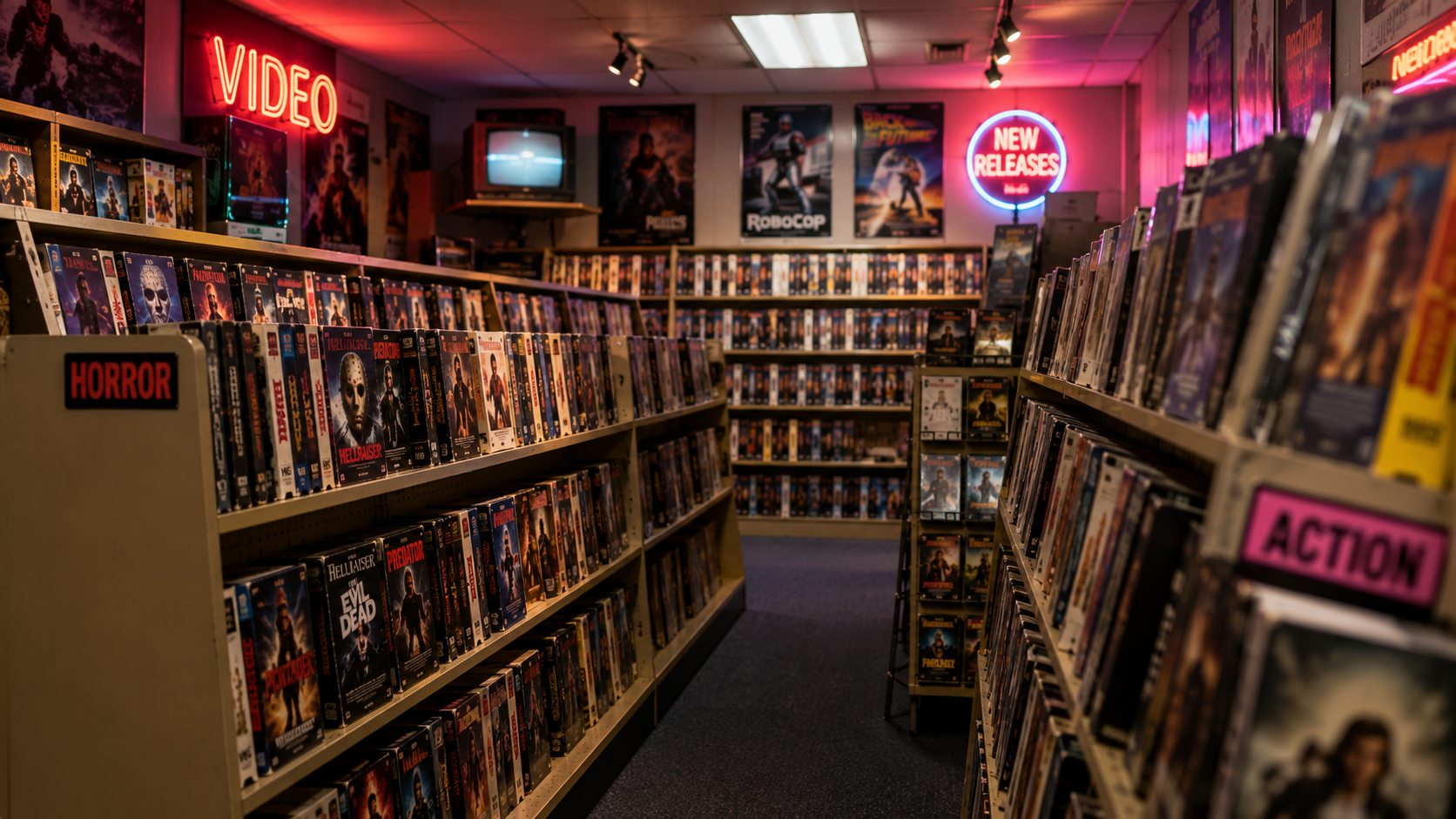 Regale einer nostalgischen Videothek mit zahlreichen VHS-Kassetten als Symbol für die Videotheken-Ära und historische Filmveröffentlichungen.