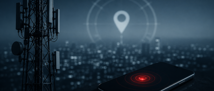 Smartphone mit Ortungssignal vor Mobilfunkmast als Symbol für Mobilfunk-Überwachung über Netzwerkinfrastruktur