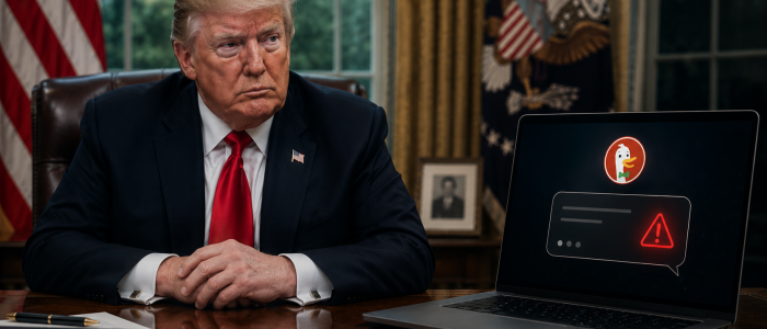Symbolbild: Donald Trump sitzt an einem Schreibtisch neben einem Laptop mit der KI-Oberfläche von Duck.ai, die den Reddit-Hoax rund um seinen angeblichen Tod thematisiert.