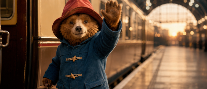 Paddington winkt zum Abschied an einem Bahnhof als Symbol dafür, dass PlayStation gekaufte StudioCanal-Filme aus den Bibliotheken entfernt.