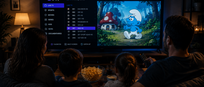 Familie schaut über ein IPTV-Menü auf einem Smart-TV illegale TV-Streams und einen Zeichentrickfilm im Wohnzimmer.
