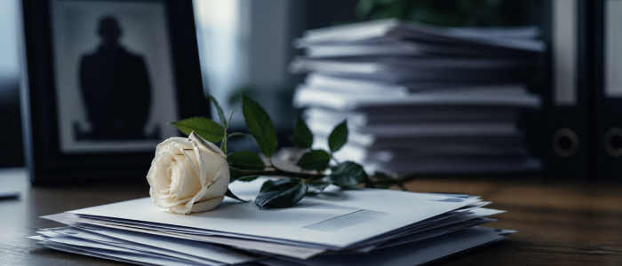 Inkassoschreiben und weiße Rose auf Tisch als Symbol für Zahlungsforderung an Verstorbenen