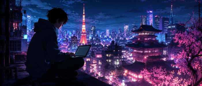 Anime-inspirierter Nutzer mit Laptop auf einem Hausdach vor einer nächtlichen japanischen Großstadt