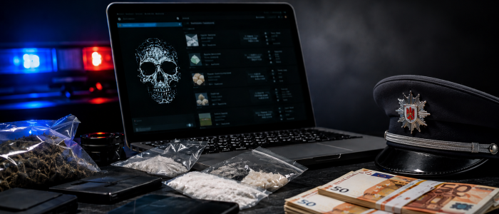 Symbolbild zum Darknet-Drogenhandel mit Laptop, Drogen, Bargeld und Polizeimütze im Zusammenhang mit Ermittlungen gegen einen Zollbeamten und einen Polizeibeamten.