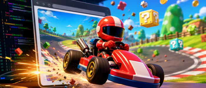 Buntes Kart-Rennspiel springt aus einem Browserfenster auf eine virtuelle Rennstrecke, umgeben von Codezeilen und Retro-Spiel-Elementen.