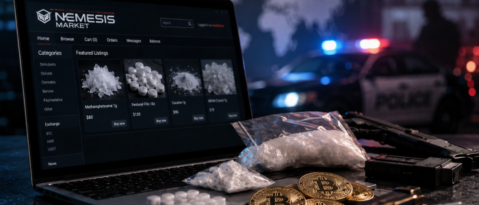 Laptop mit Darknet-Marktplatz, Bitcoin und Drogen als Symbolbild für den Fall des Nemesis-Market-Händlers Darren Hughes.