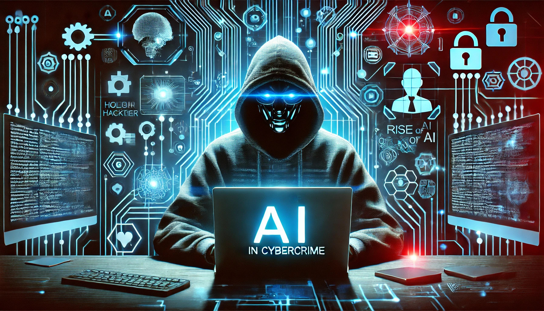 Ein Hacker, umgeben von holografischem Code und KI-Symbolen, nutzt den KI-Chatbot GhostGPT (Symbolbild)