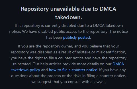 Hinweis auf die DMCA-Meldung beim Besuch der gesperrten Eaglercraft-Repositorys auf GitHub