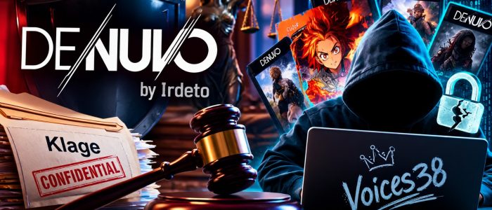 Denuvo gegen Voices38: Gerichtshammer, Kopierschutz-Schild und anonymer Cracker vor einem Laptop mit neuen Spiele-Cracks.