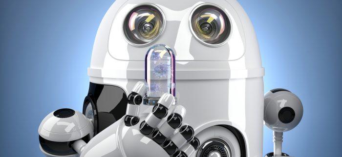 Ein kleiner weißer Roboter hält ein Reagenzglas mit einem Virus