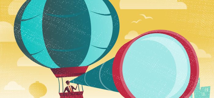 Retro-Illustration eines Geschäftsmannes mit Fernglas in einem Heißluftballon