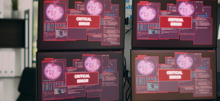 Mehrere Computer zeigen Warnung vor Hackerangriff und Sicherheitsverletzung an