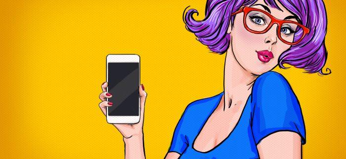 Mädchen mit Smartphone in der Hand im Comic-Stil