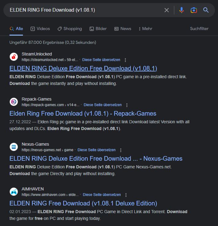 Elden Ring Spiele-Download für den PC in der Google-Suche