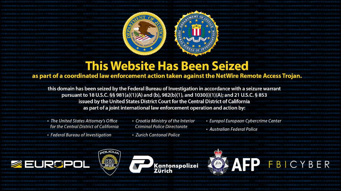 Hinweis des FBI auf der Webseite der NetWire RAT-Malware (Quelle: Screenshot)