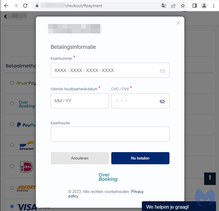 Gefälschtes Formular zum Stehlen von Kreditkartendaten in einem Modal auf einer niederländischen Shop-Seite