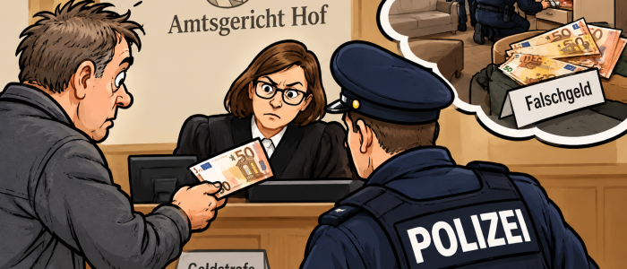 Falschgeld vor Gericht: Karikatur eines Mannes, der am Amtsgericht Hof einen gefälschten 50-Euro-Schein vorlegt, während Polizei und Justiz aufmerksam werden.