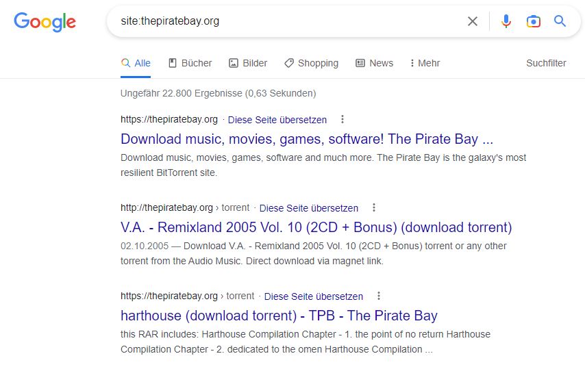 Suchanfrage nach der Piratenseite "The Pirate Bay" bei Google