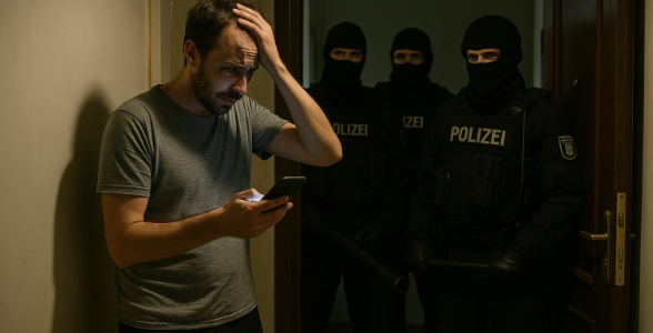 Polizeirazzia im Morgengrauen: Ein Mann steht schockiert im Flur, während Beamte seine Wohnung betreten – Symbolbild für eine Hausdurchsuchung wegen Meme.